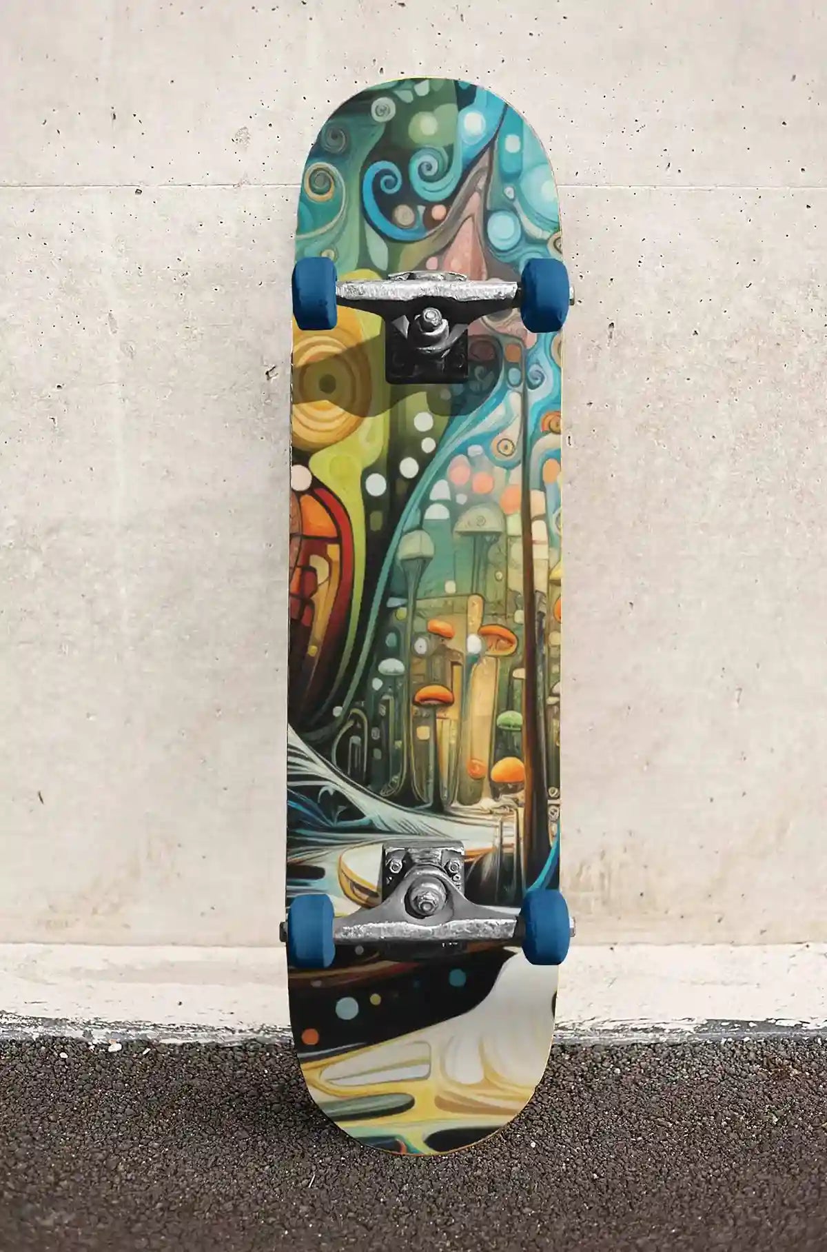 Abstract Mushroom Forest digital art printed on a skateboard, featuring vibrant mushrooms and whimsical forest elements, leaning against a stone wall.