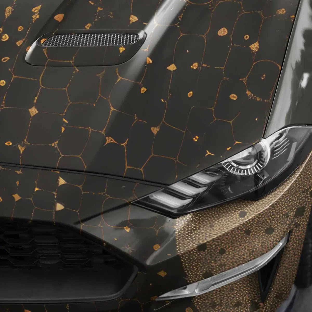 Another Form digital art print displayed on the front bumper and hood of a sports car.