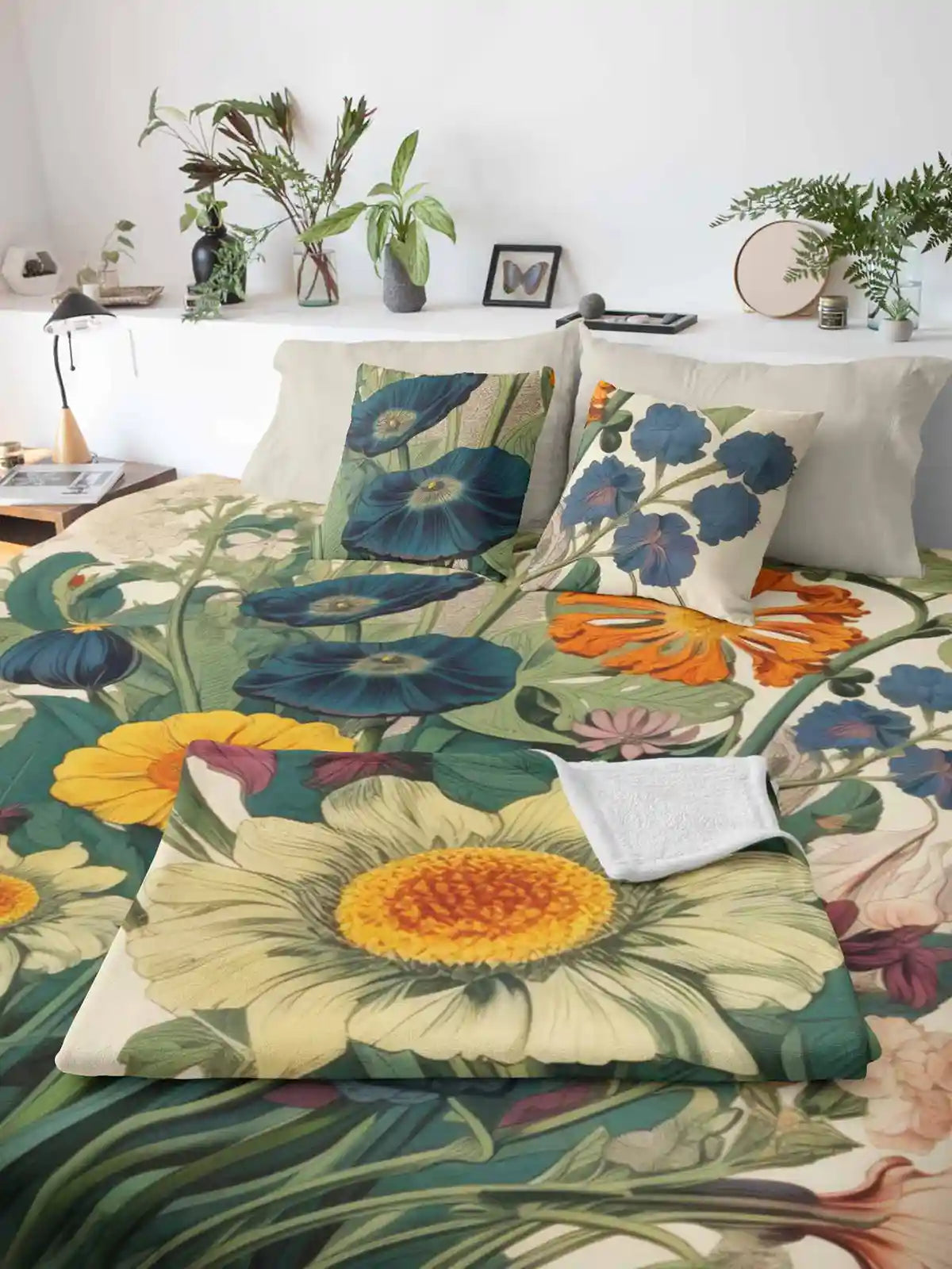 Botany Continuum digital art print on duvet cover with a fleece blanket and two pillows.
