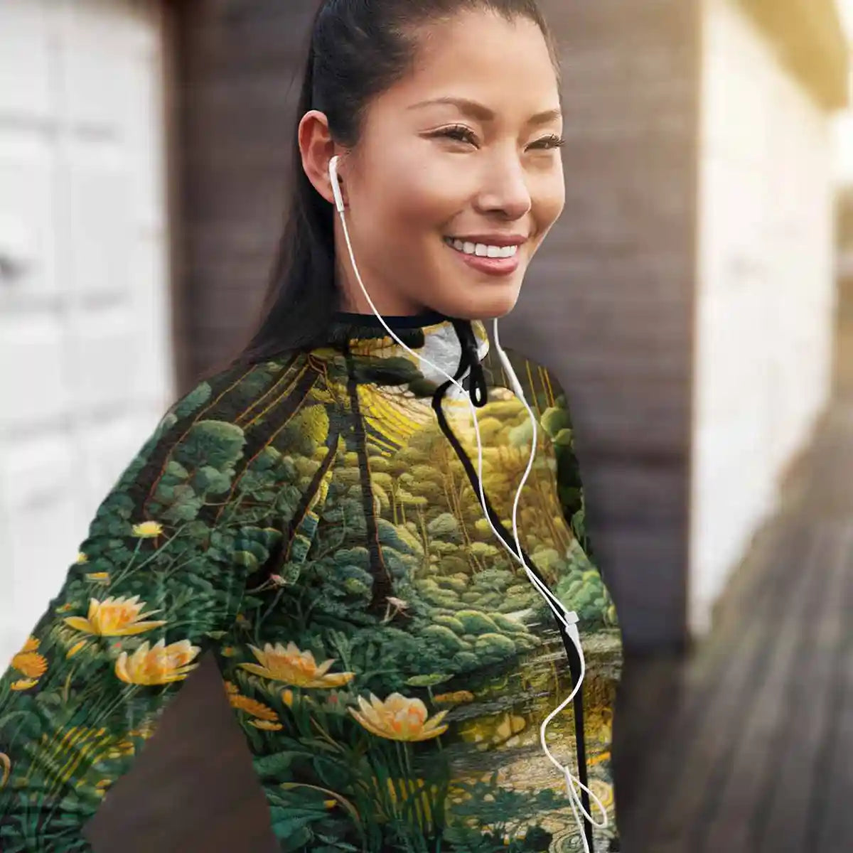 Glimmer digital art print on a sublimated full-zip hoodie featuring a happy woman posing.