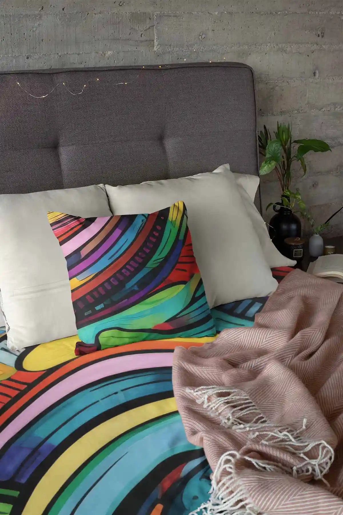 Gritshade digital art print on a duvet and pillow placed on a tidy bed.