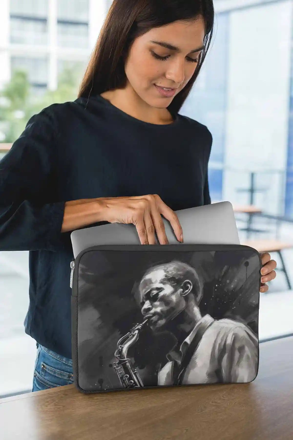 Jazz Musician digital art print on a laptop sleeve featuring a young woman.