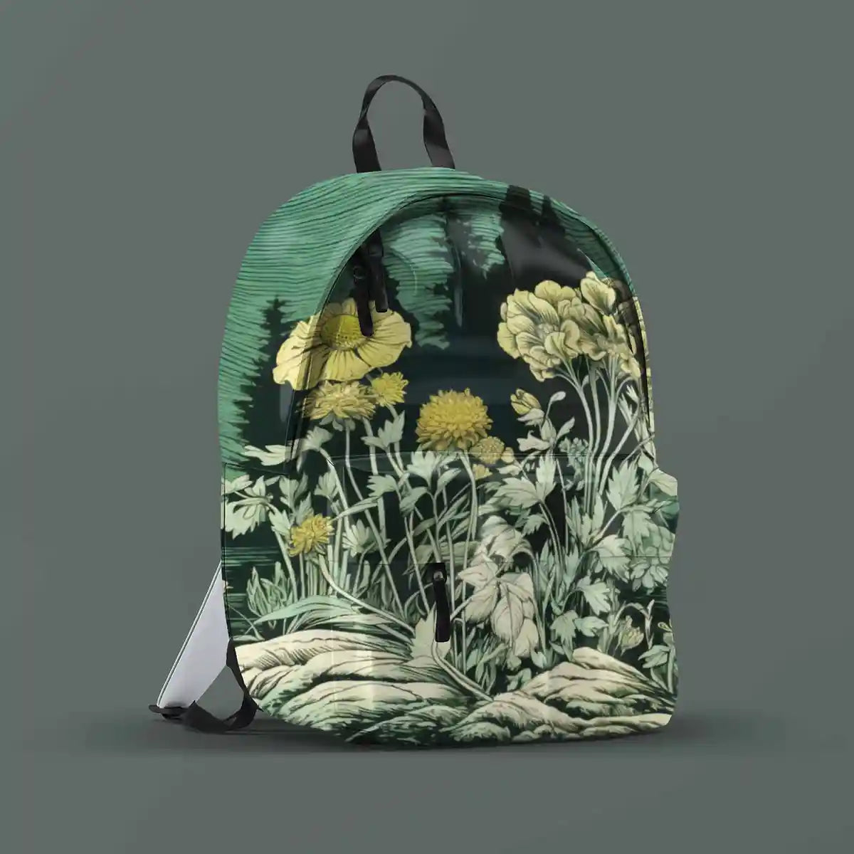 Lakeside Gem digital art print on a backpack placed on a solid surface.