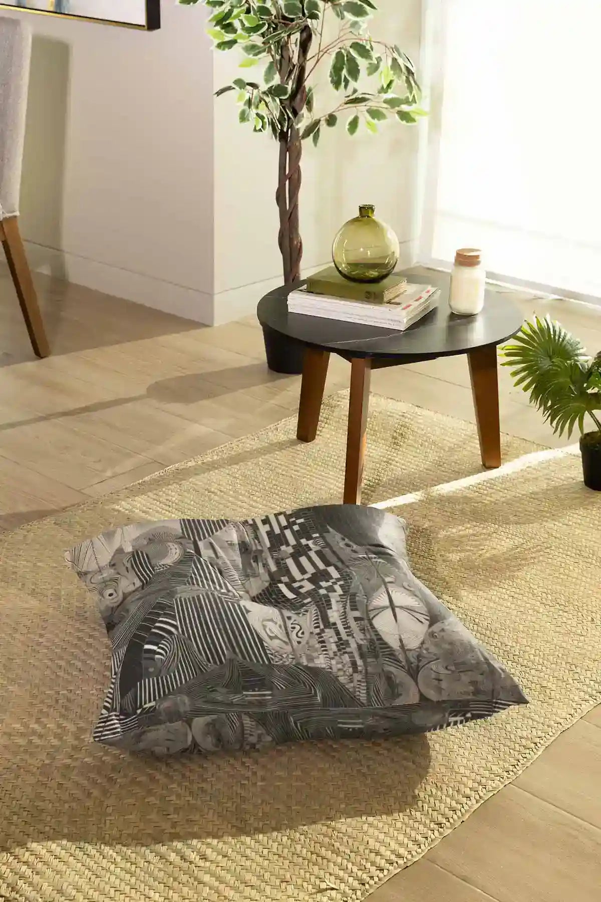 Monoka-5 digital art print on a floor pillow, featuring a cozy living room with modern decor and abstract geometric design.