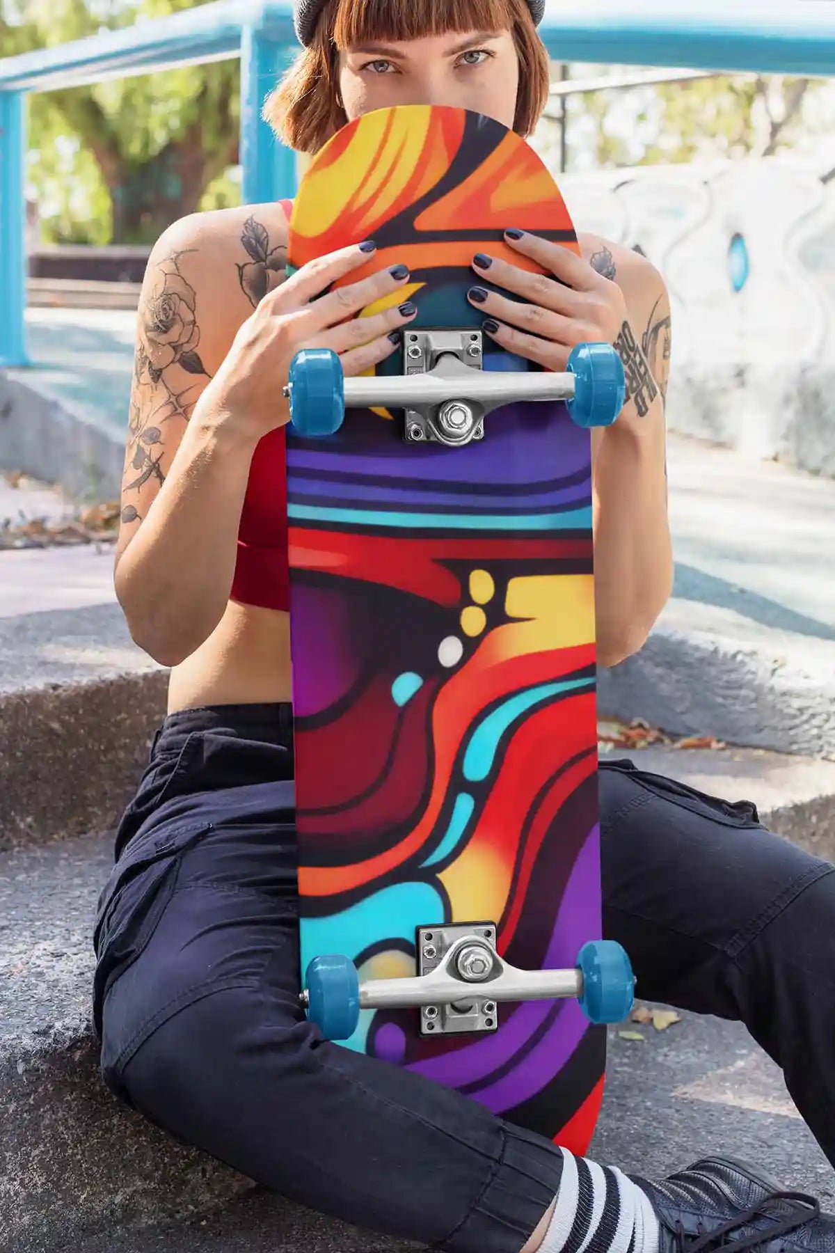 Multivue digital art print on a skateboard featuring a tattooed skater woman, with vibrant abstract patterns and dynamic colors.