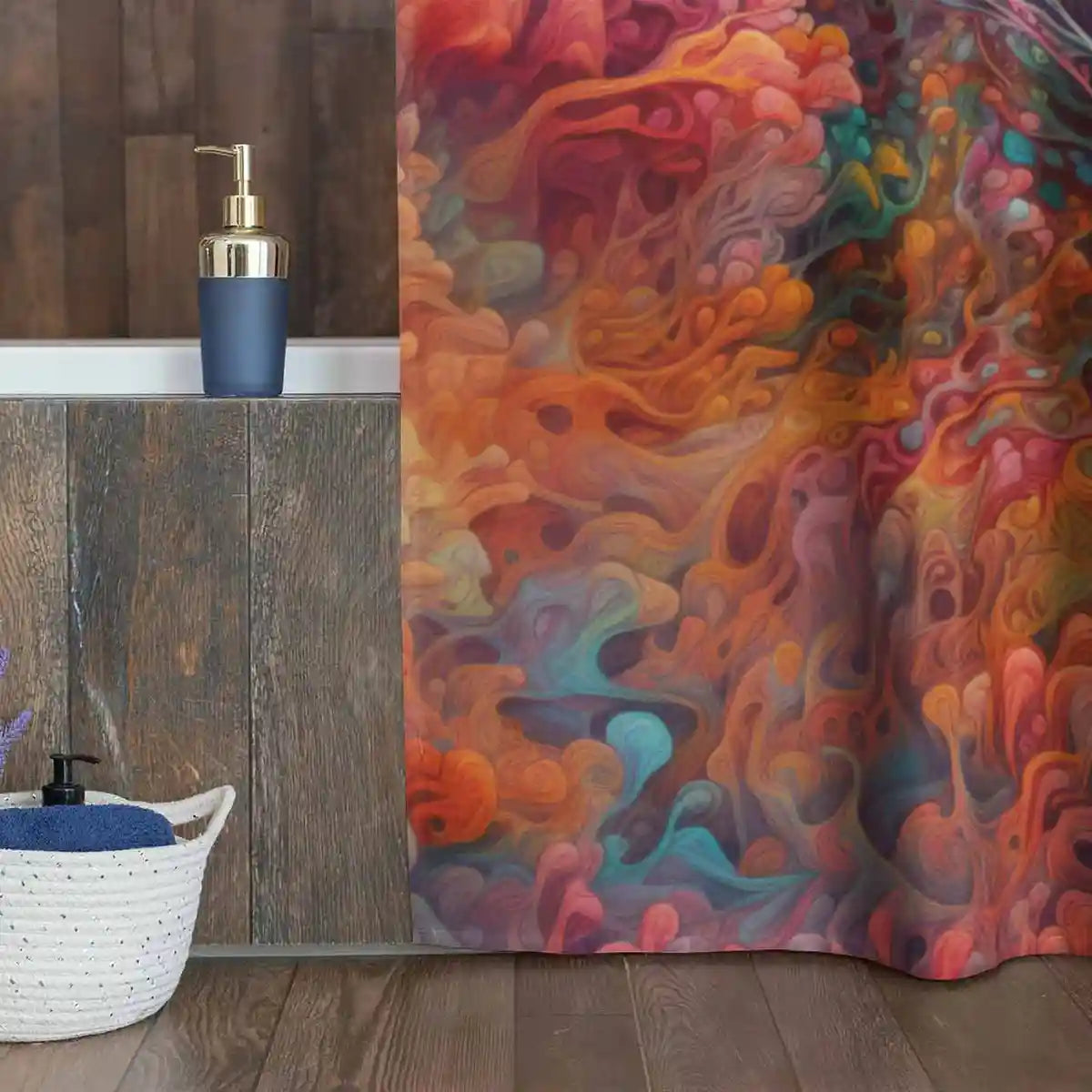 Ray digital art print on a shower curtain featuring a bathroom home decor basket and vibrant coral reef design.