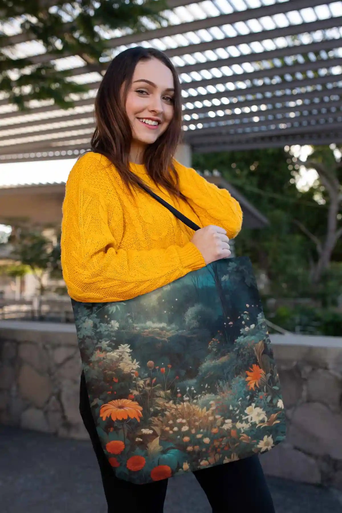 Silent Grove digital art print on a tote bag featuring a pretty woman, with a serene forest scene and vibrant flowers, blending nature's tranquility with modern home decor.