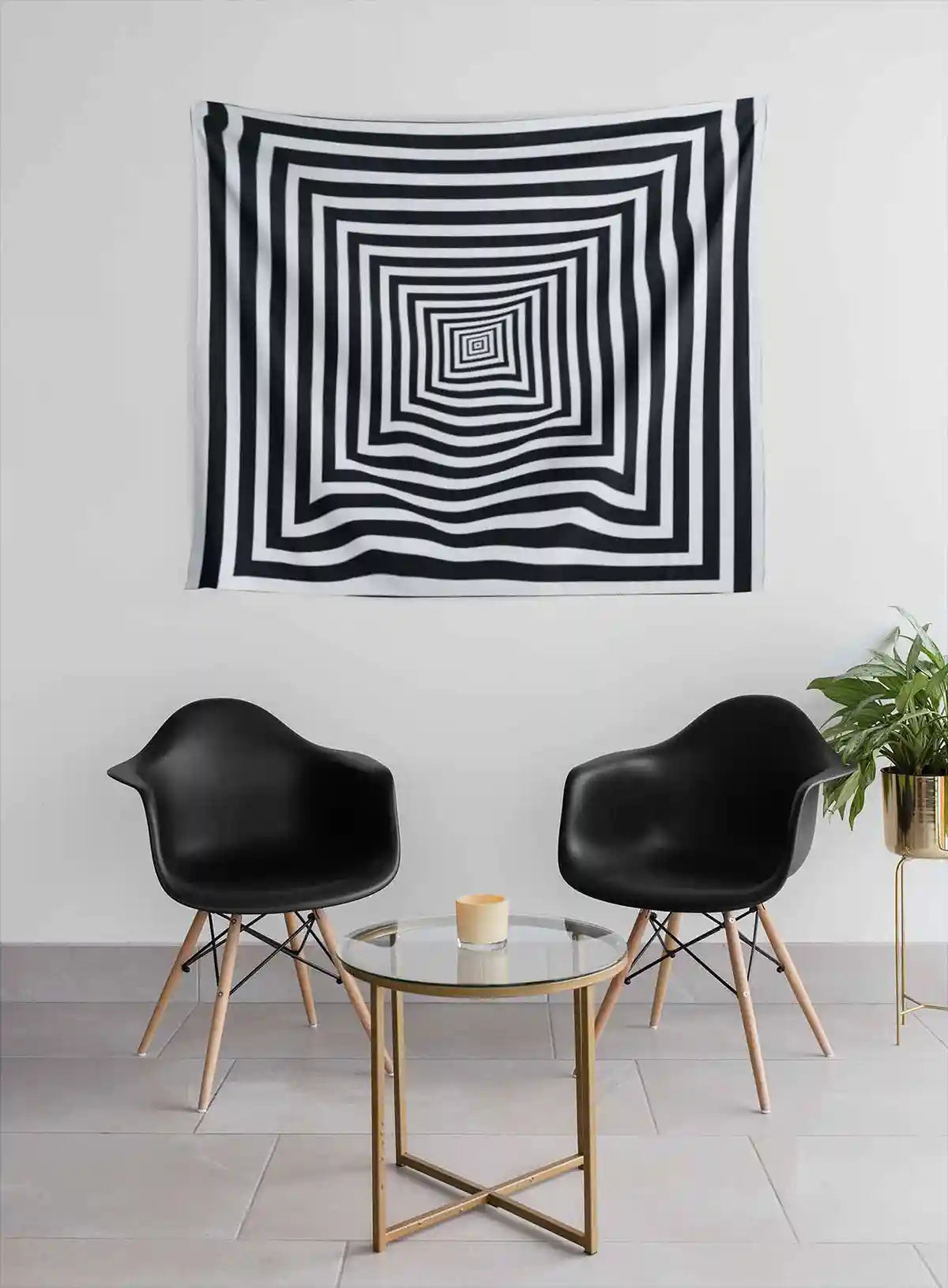 Squares digital art print on a tapestry wall hanging, placed against two minimalist chairs, featuring bold concentric squares in a modern home decor setting.