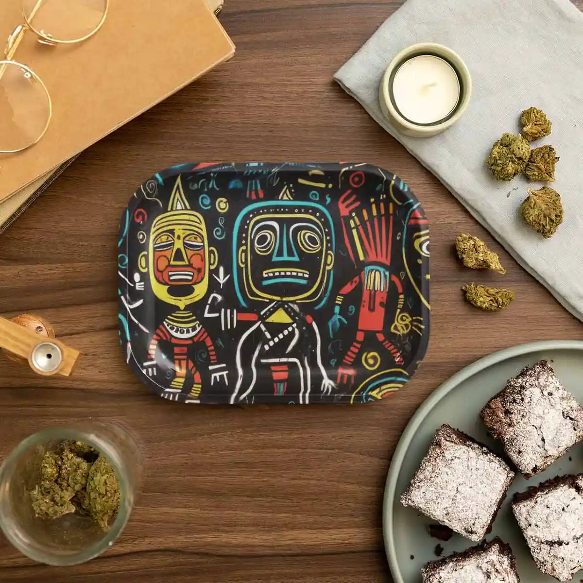 The Neighbors digital art print on a rolling tray featuring cannabis edibles, with whimsical characters and vibrant colors, adding a playful touch to home decor