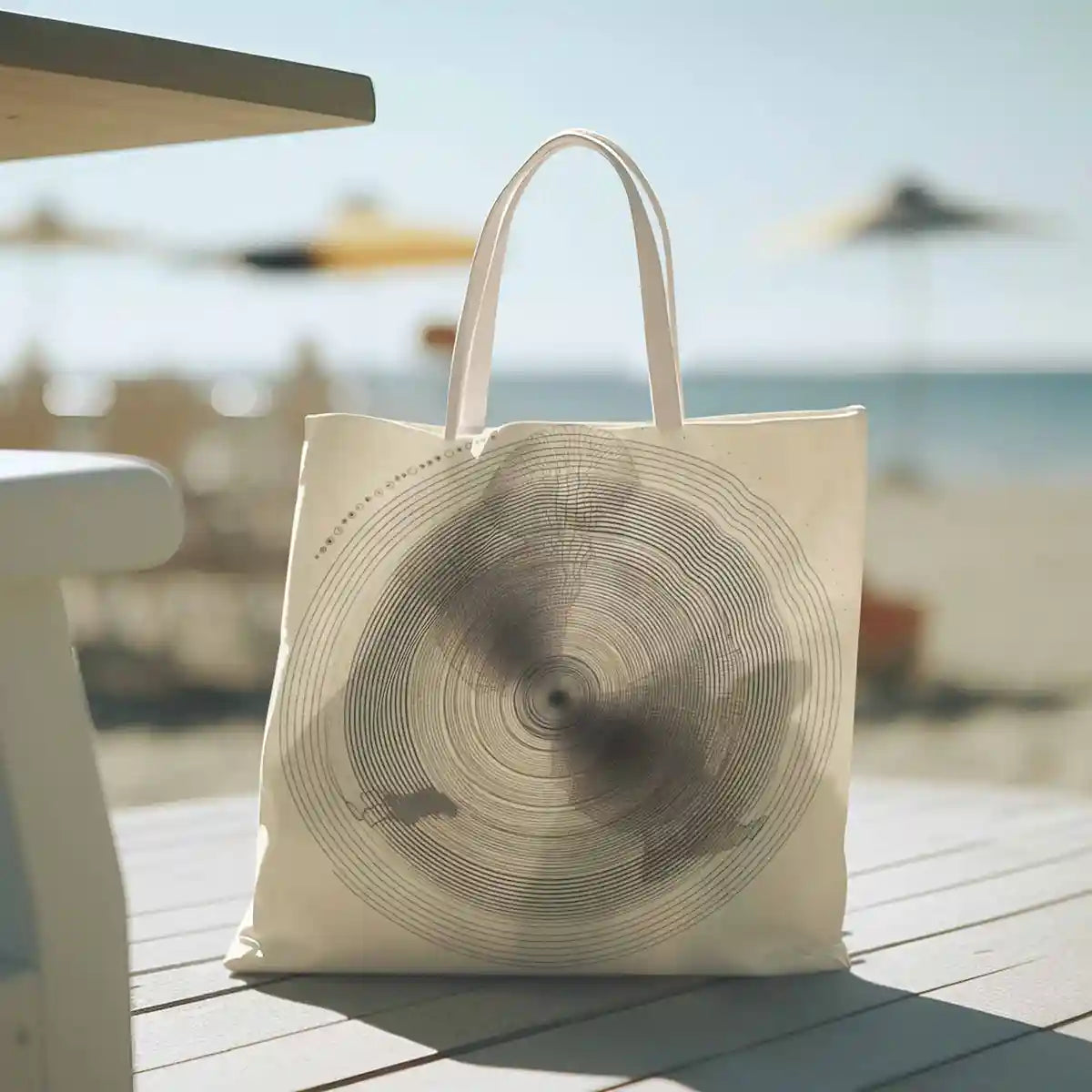 Tidal Orbits digital art print on a tote bag placed on the floor at the beach, showcasing abstract art and contemporary style in a relaxed beach setting