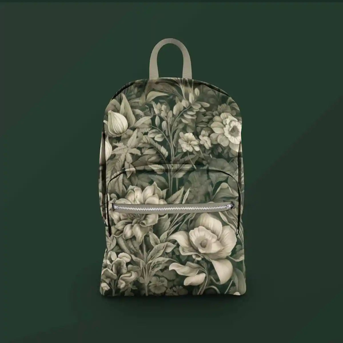 Verdant Melody digital art print on a sublimated backpack, featuring intricate floral designs in sepia tones, offering a touch of elegance and nature-inspired beauty.