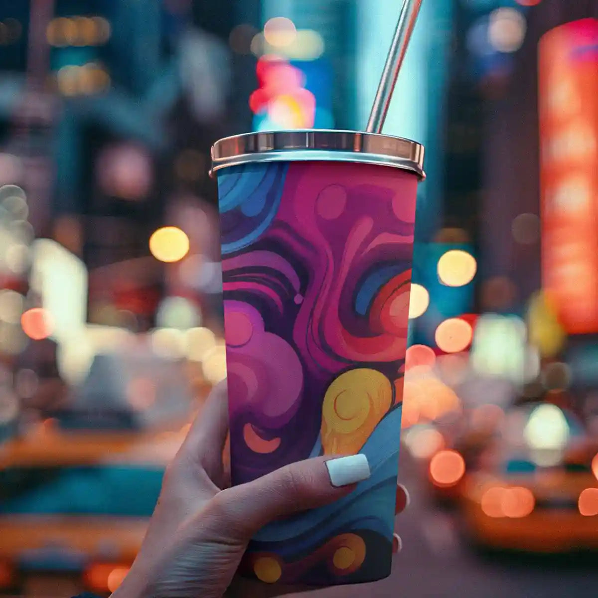 Vivid Waves digital art print on a tumbler, featuring a woman in the city, with dynamic abstract patterns and vibrant colors.