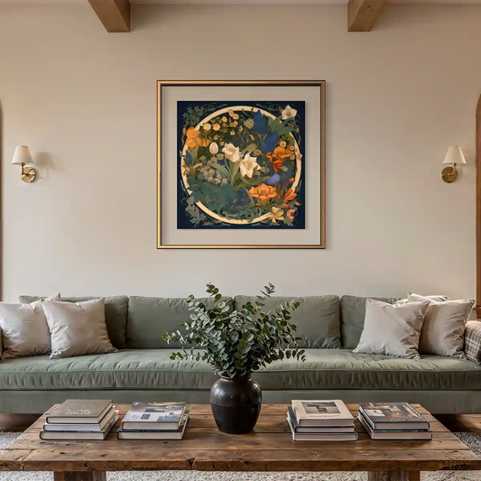 Oversized digital art print featuring anachronistic, vintage-style flowers displayed on the wall of a bright, contemporary living room.