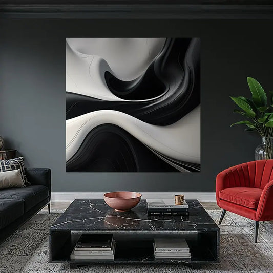 Feature image of the modern living room with abstract digital art, black marble coffee table, and red chair.