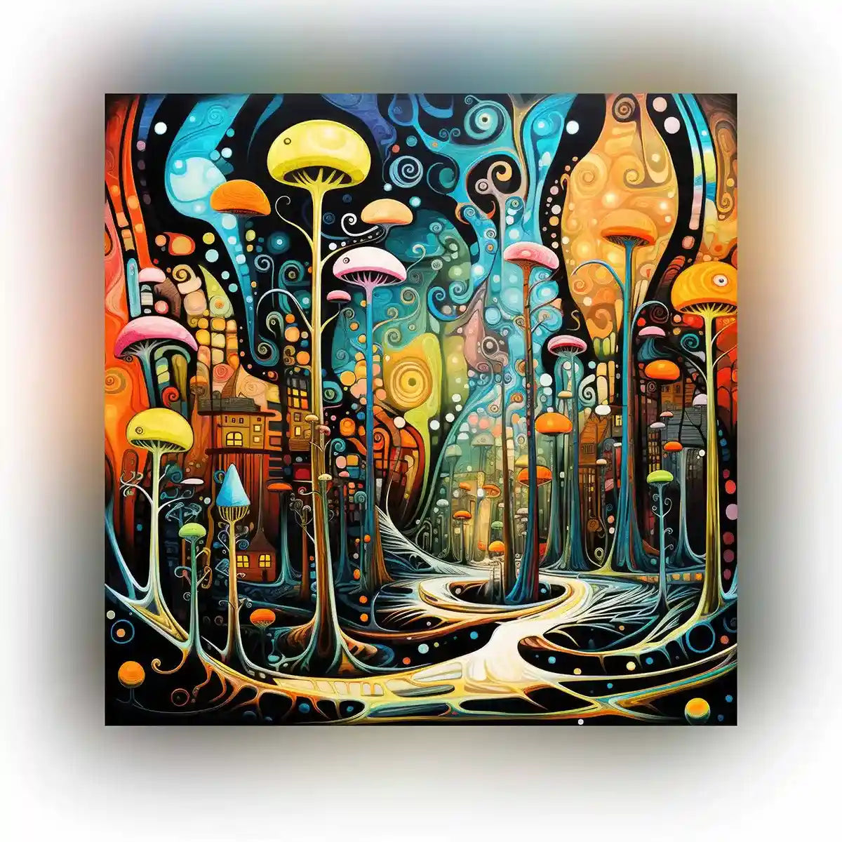 Featured image of Abstract Mushroom Forest digital art, showcasing colorful surreal mushrooms set in a whimsical forest with vibrant details and a fantastical landscape.