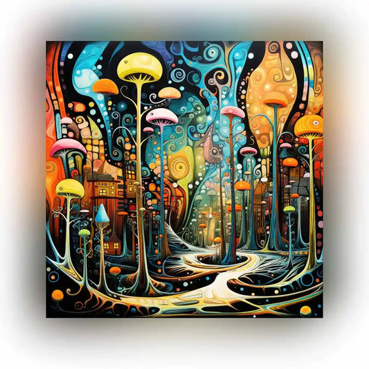 Featured image of Abstract Mushroom Forest digital art, showcasing colorful surreal mushrooms set in a whimsical forest with vibrant details and a fantastical landscape.