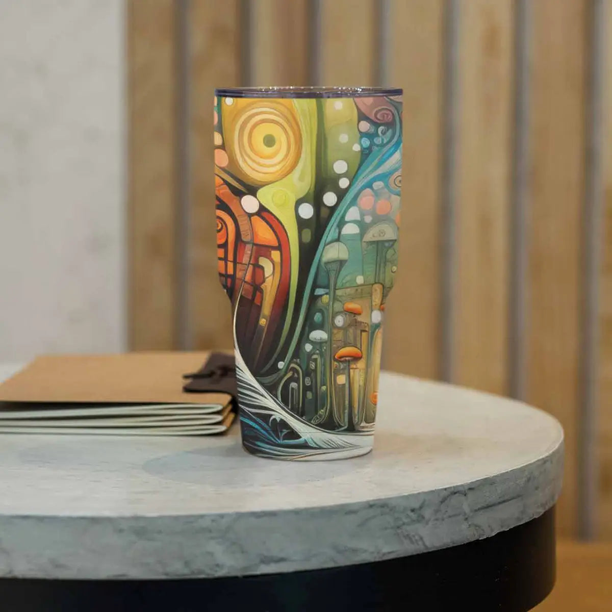 Abstract Mushroom Forest digital art printed on a 30 oz travel mug, featuring vibrant surreal mushrooms and a whimsical forest design, placed on a concrete table.