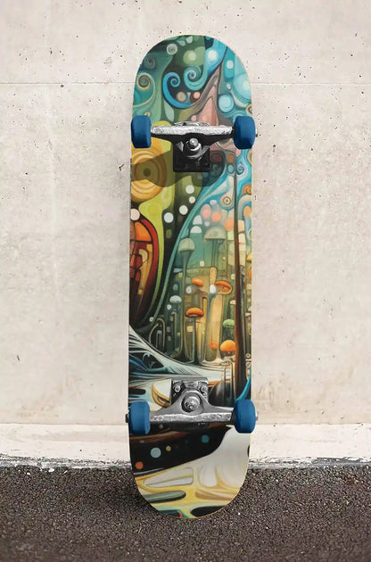 Abstract Mushroom Forest digital art printed on a skateboard, featuring vibrant mushrooms and whimsical forest elements, leaning against a stone wall.