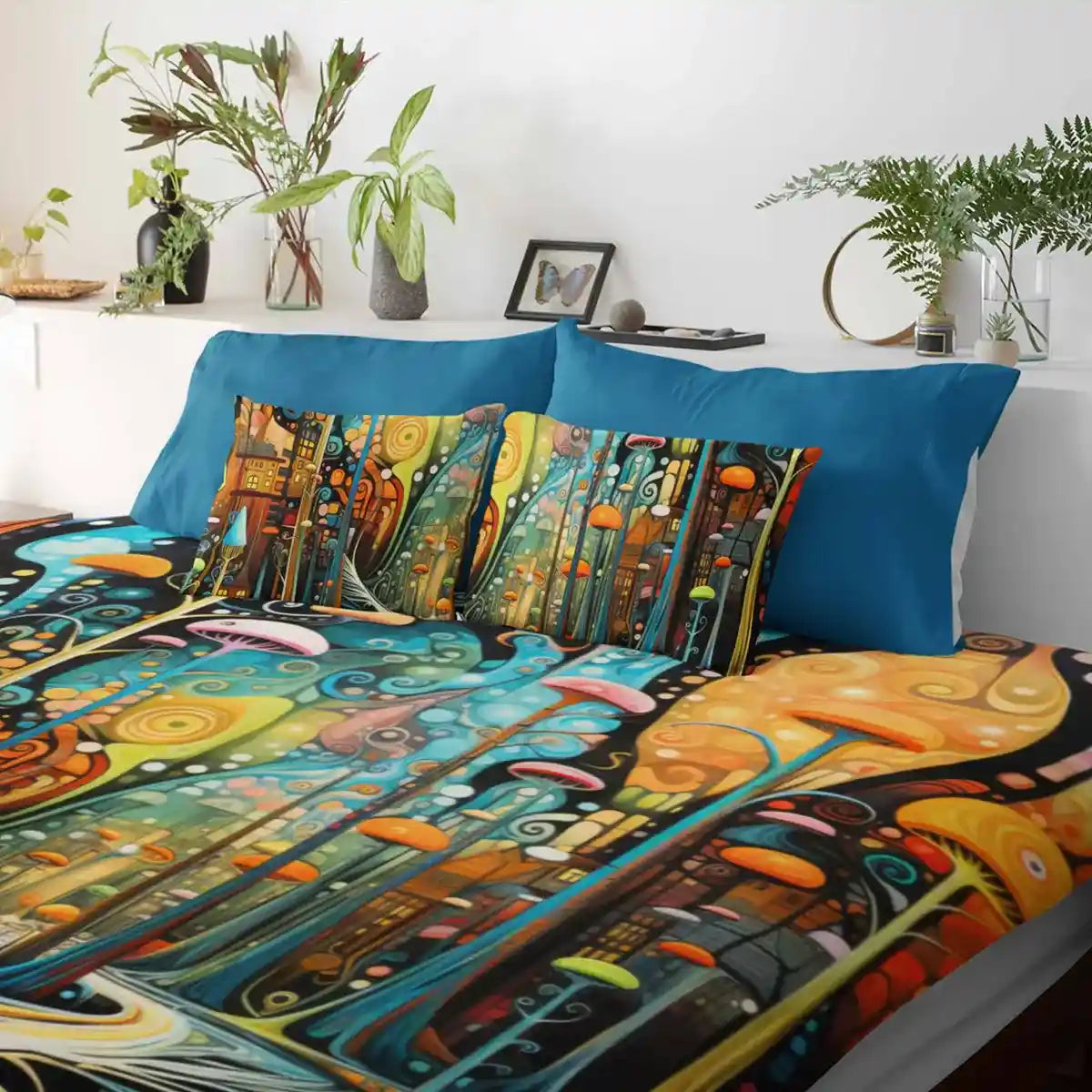 Abstract Mushroom Forest digital art printed on a duvet cover and two bed pillows, showcasing vibrant mushrooms and whimsical forest elements, adding a colorful touch to home decor.