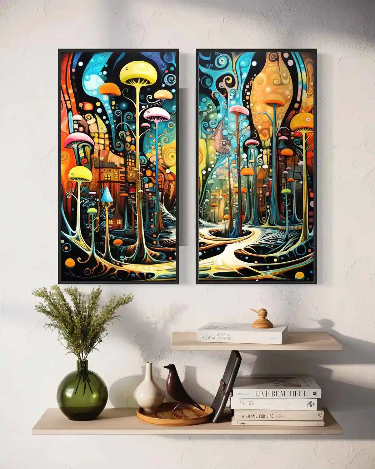 Abstract Mushroom Forest digital art printed on a large diptych wall art, featuring vibrant surreal mushrooms and a whimsical forest scene.