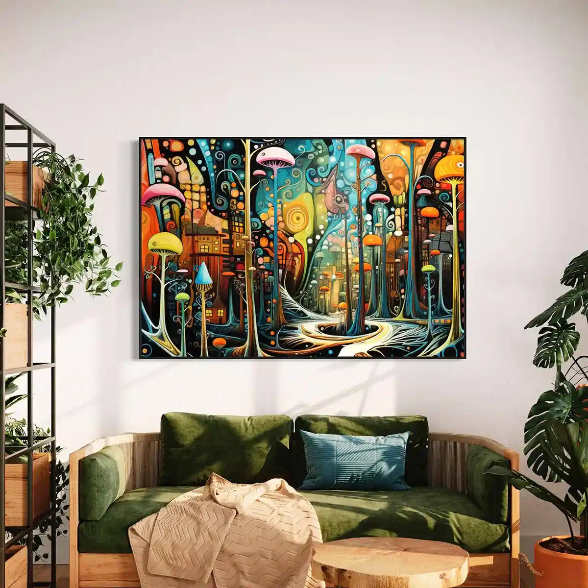 Abstract Mushroom Forest art printed on oversized wall art, making a bold statement in home decor.