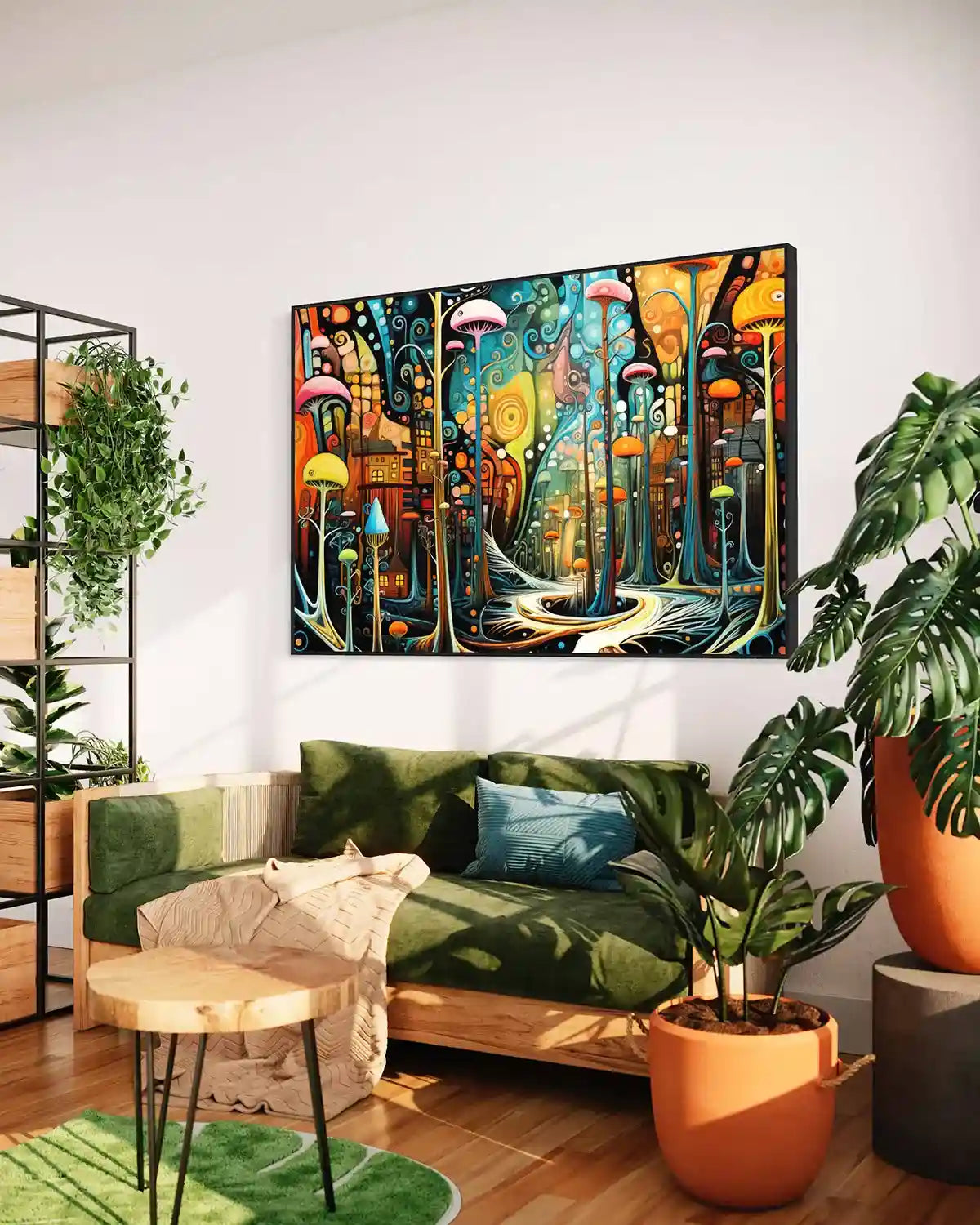 Side view of Abstract Mushroom Forest digital art printed on oversized wall art, featuring detailed surreal mushrooms and a colorful, whimsical landscape.