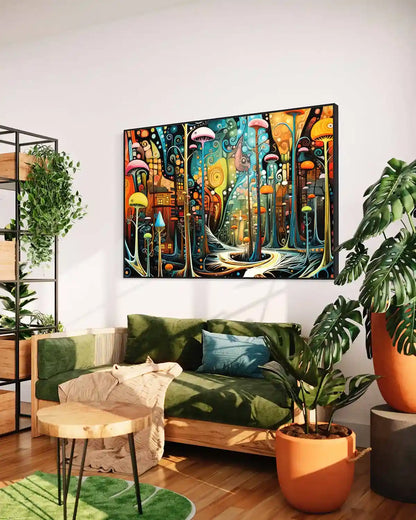 Side view of Abstract Mushroom Forest digital art printed on oversized wall art, featuring detailed surreal mushrooms and a colorful, whimsical landscape.