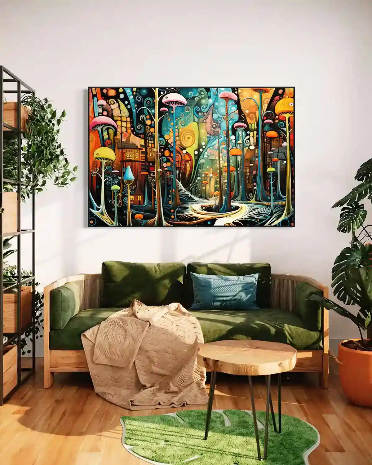 Abstract Mushroom Forest digital art printed on oversized wall art, featuring vibrant mushrooms and a whimsical forest landscape in vivid colors.
