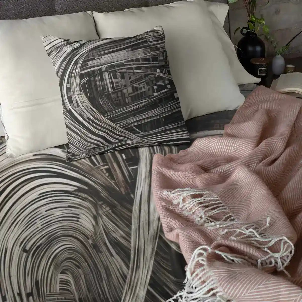Mockup of Ada V art print on a duvet and pillow placed on a tidy bed.