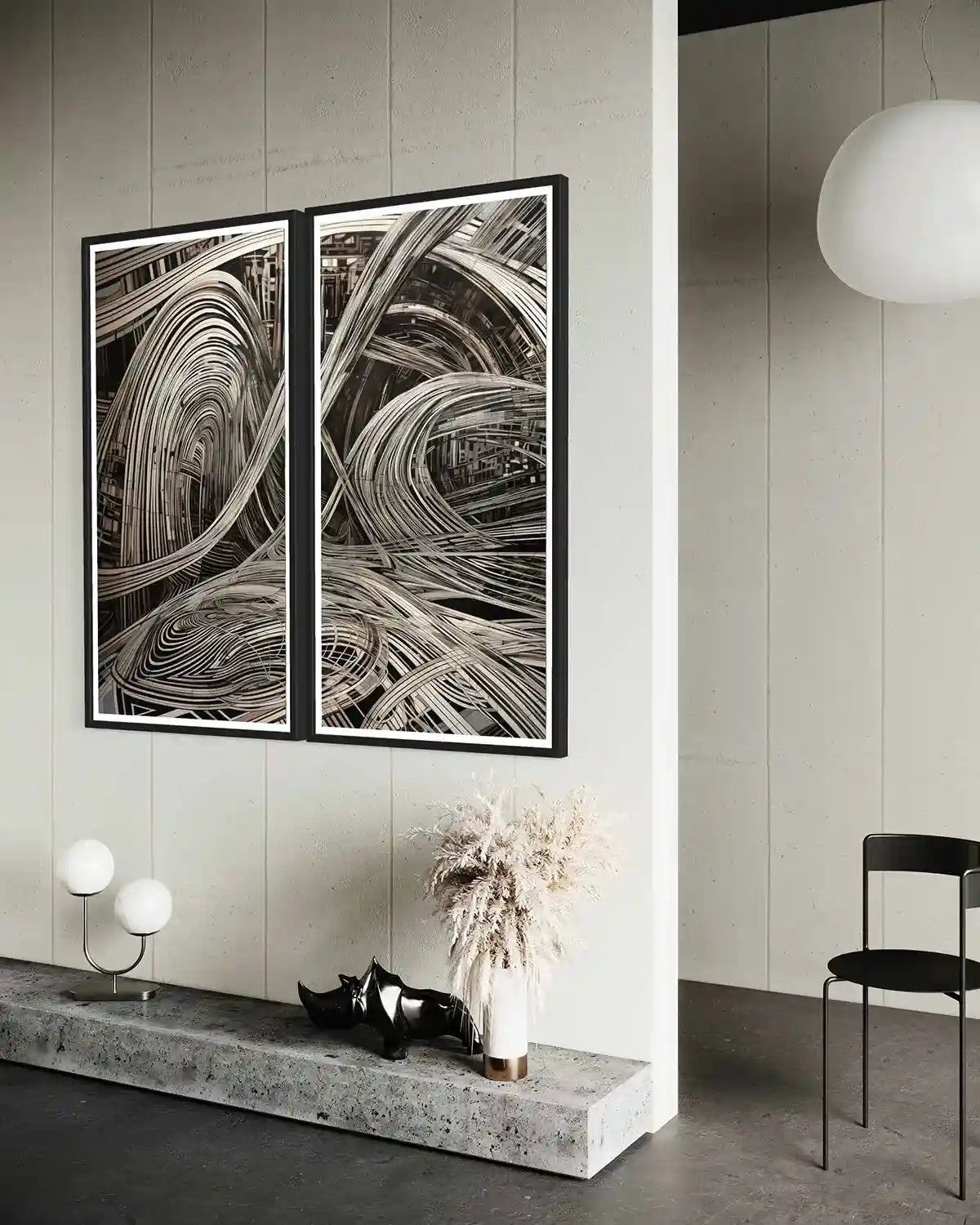 Side view of ADA-V digital art print on oversized diptych wall art in a modern living room, featuring bold black and white geometric forms in an abstract art design.