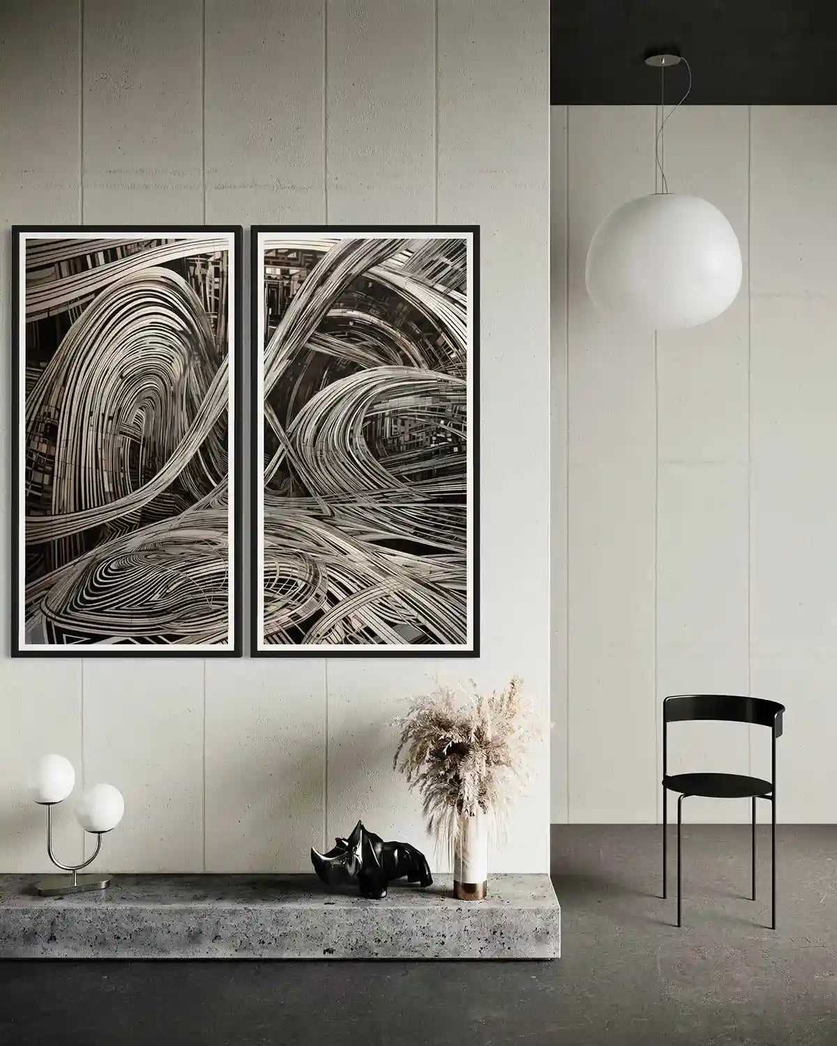 ADA-V digital art print displayed on oversized diptych wall art in a modern living room, featuring bold black and white geometric forms in an abstract art composition.