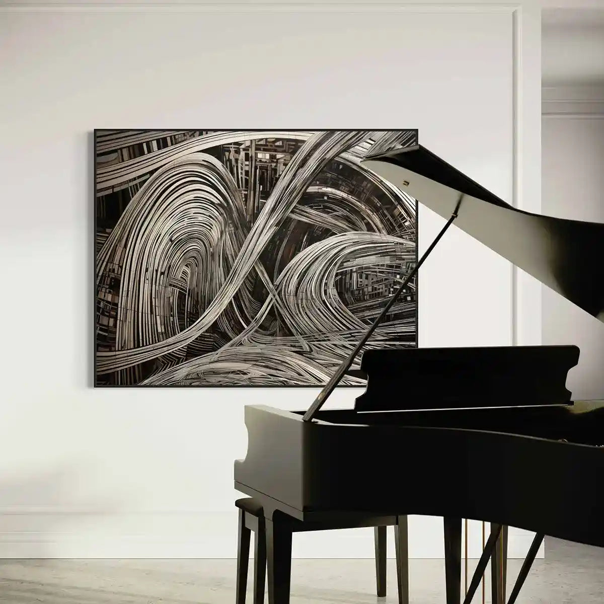 Ada V art print on oversized wall art in a living space with a grand piano.