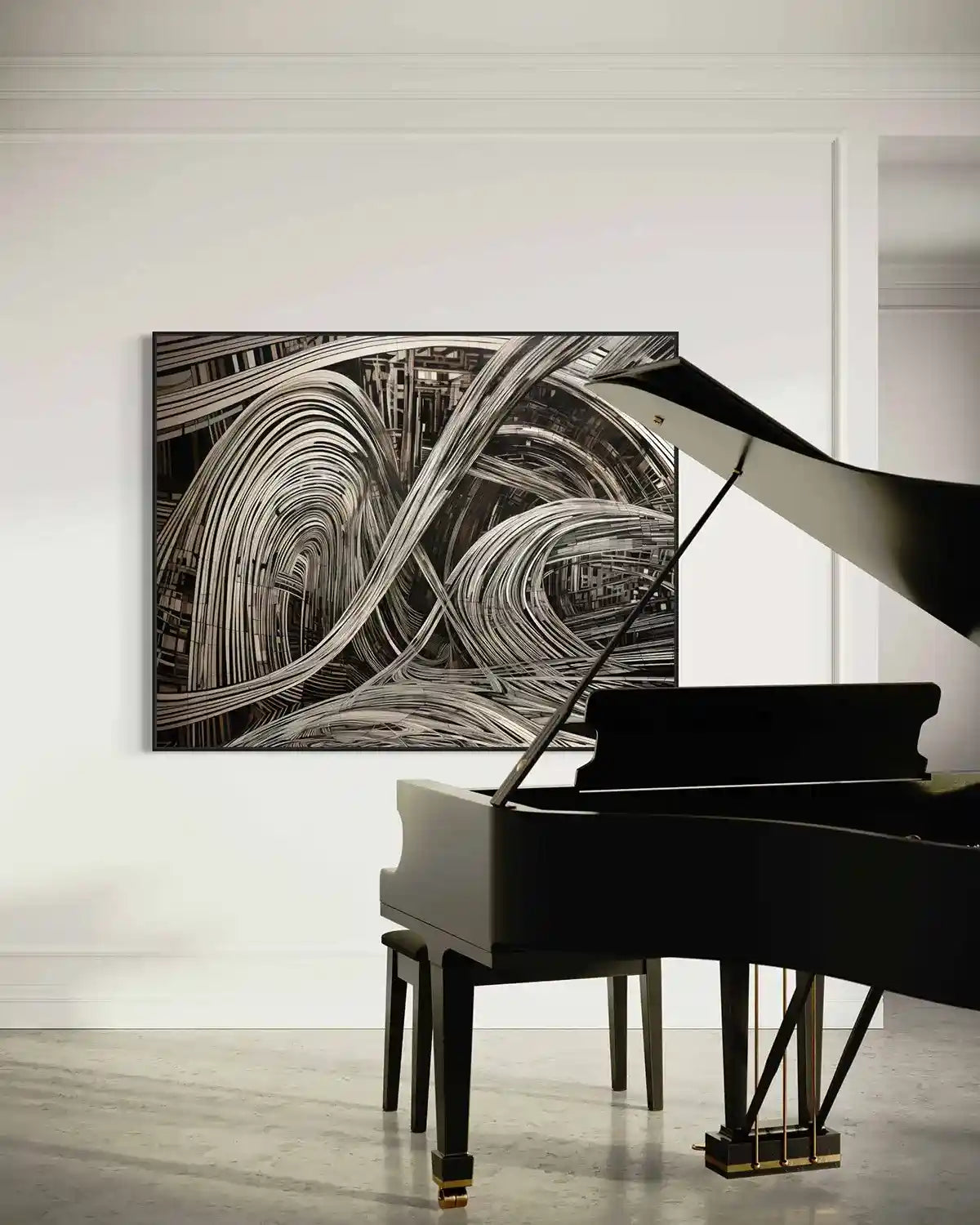ADA-V digital art print displayed on oversized wall art in a living space with a grand piano, showcasing bold black and white geometric forms in an abstract art design.
