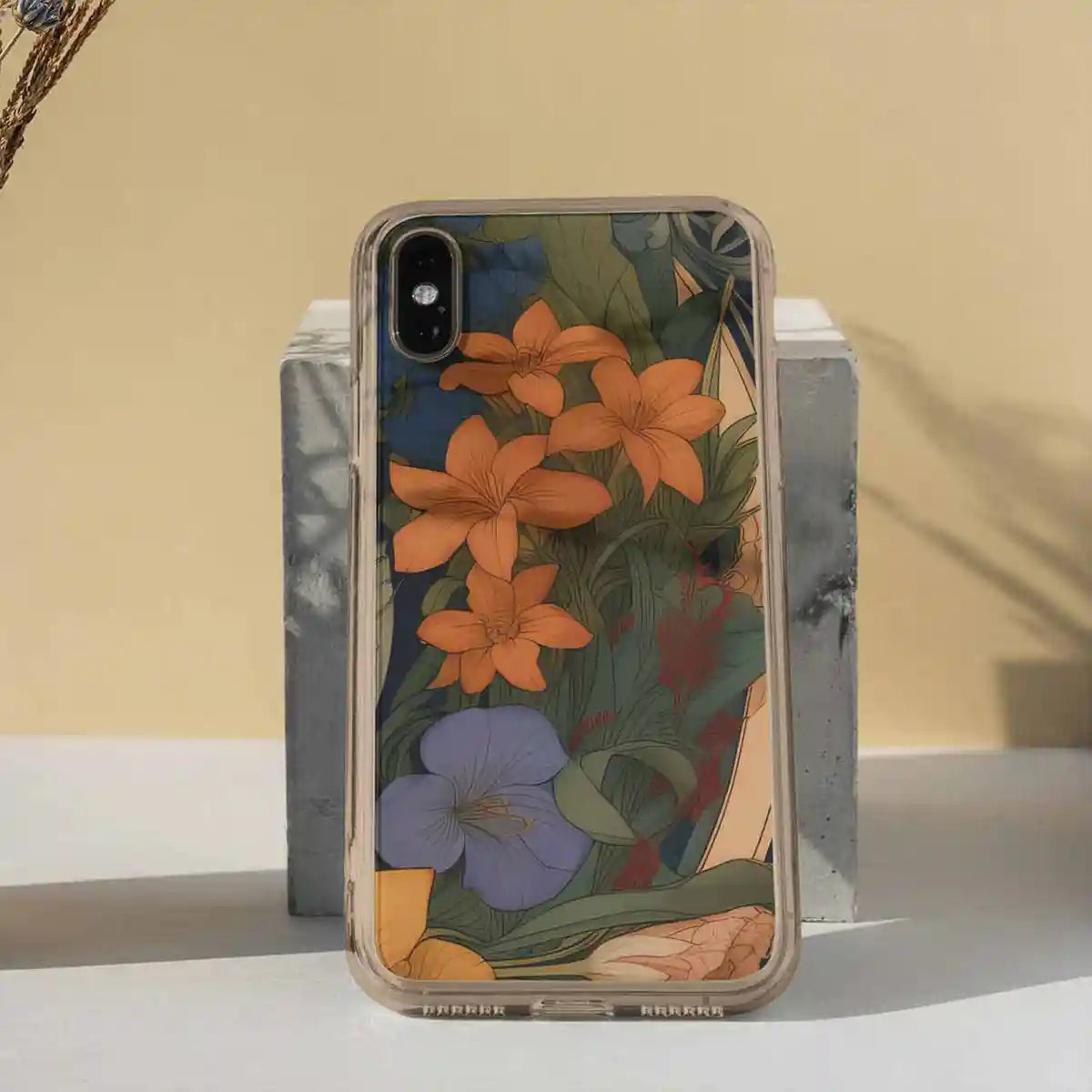 Anachronistic Flowers 1 digital art print on a clear phone case in a minimalistic setting.
