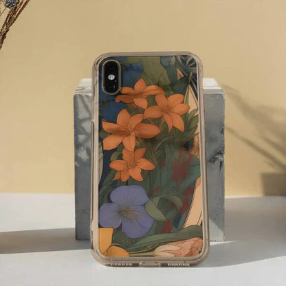 Anachronistic Flowers 1 digital art print on a clear phone case in a minimalistic setting.