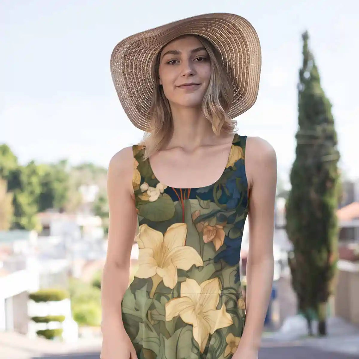 Anachronistic Flowers 1 digital art print on a dress worn by a woman with a hat posing in the street.