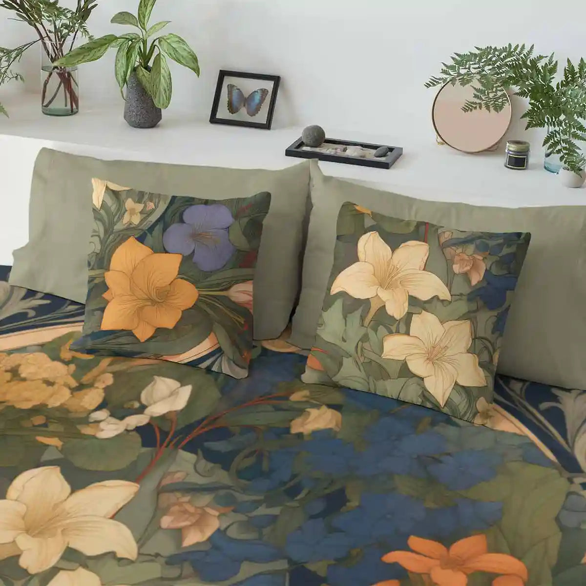 Anachronistic Flowers 1 digital art print on a duvet cover of a bed with two square pillows.