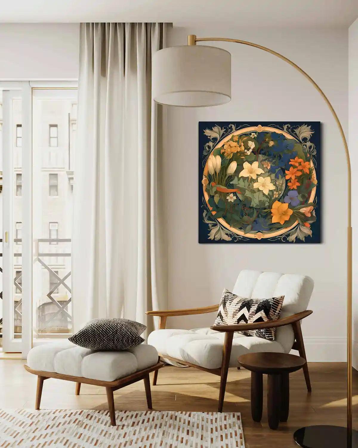 Anachronistic Flowers 1 digital art print on wall art in a cozy modern living room, frontal view.