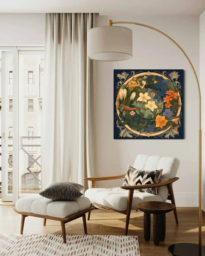 Anachronistic Flowers 1 digital art print on wall art in a cozy modern living room, frontal view.