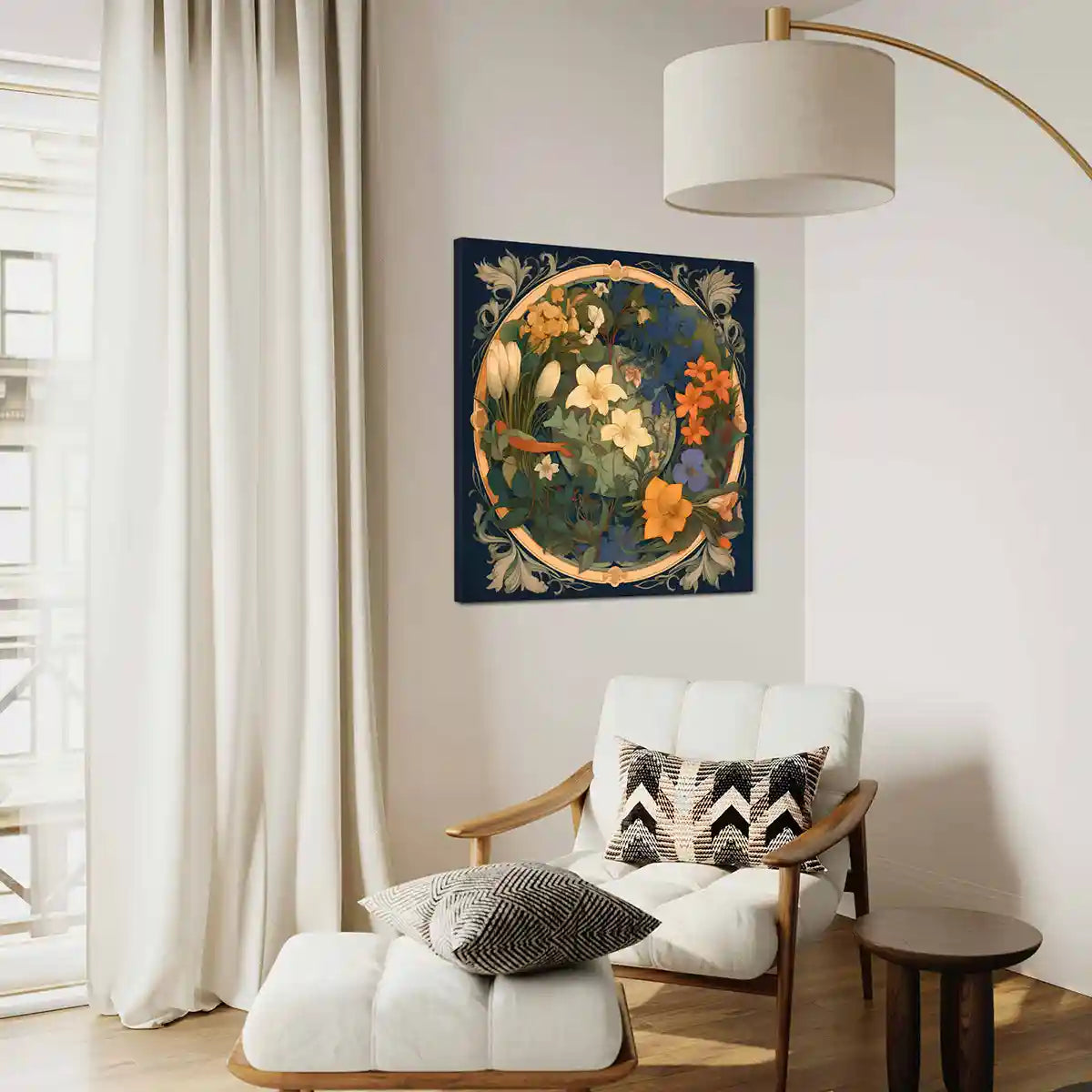 Anachronistic Flowers 1 digital art print on wall art in a cozy modern living room, side view.