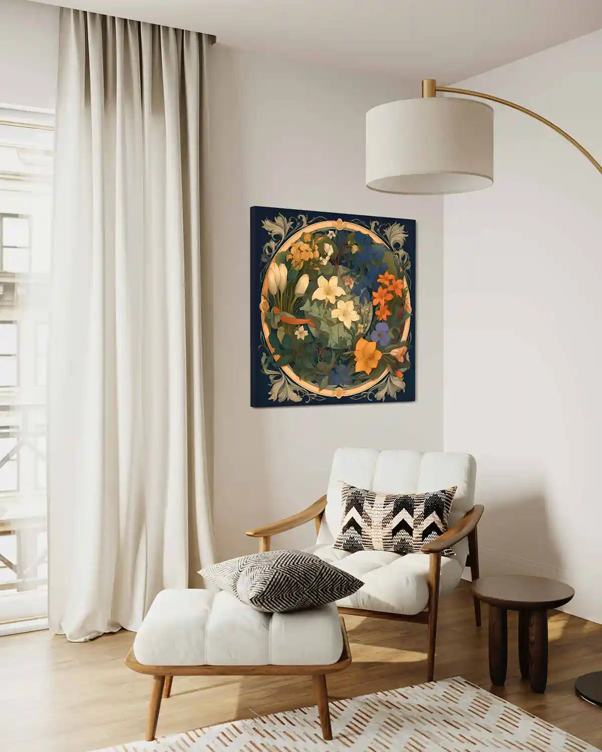 Anachronistic Flowers 1 digital art print on wall art in a cozy modern living room, side view.