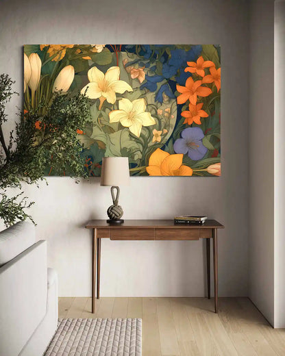 Anachronistic Flowers 1 digital art print on wall art in a cozy space, frontal view.