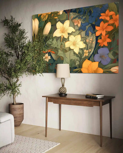 Anachronistic Flowers 1 digital art print on wall art in a cozy space, side view.