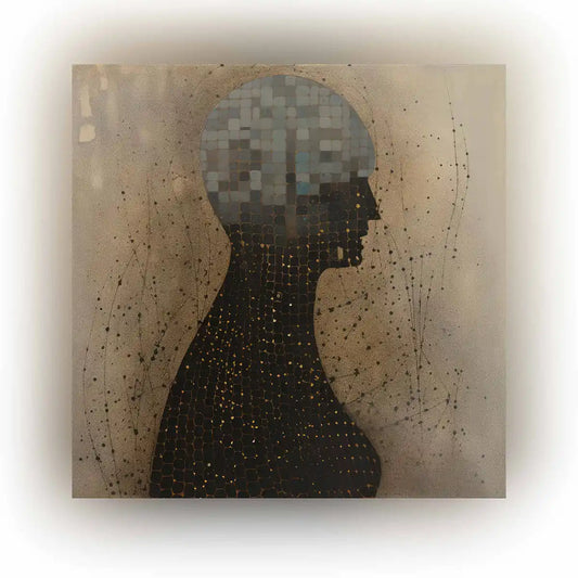 Artistic depiction of a silhouette with pixelated head on a textured background