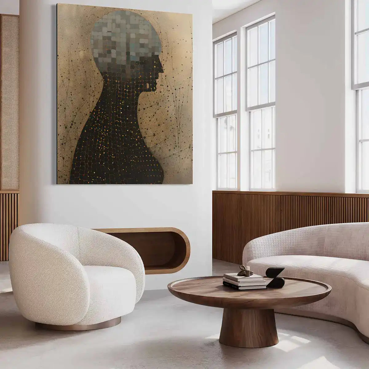 Side view of Another Form digital art print on oversized wall art in a modern living room.