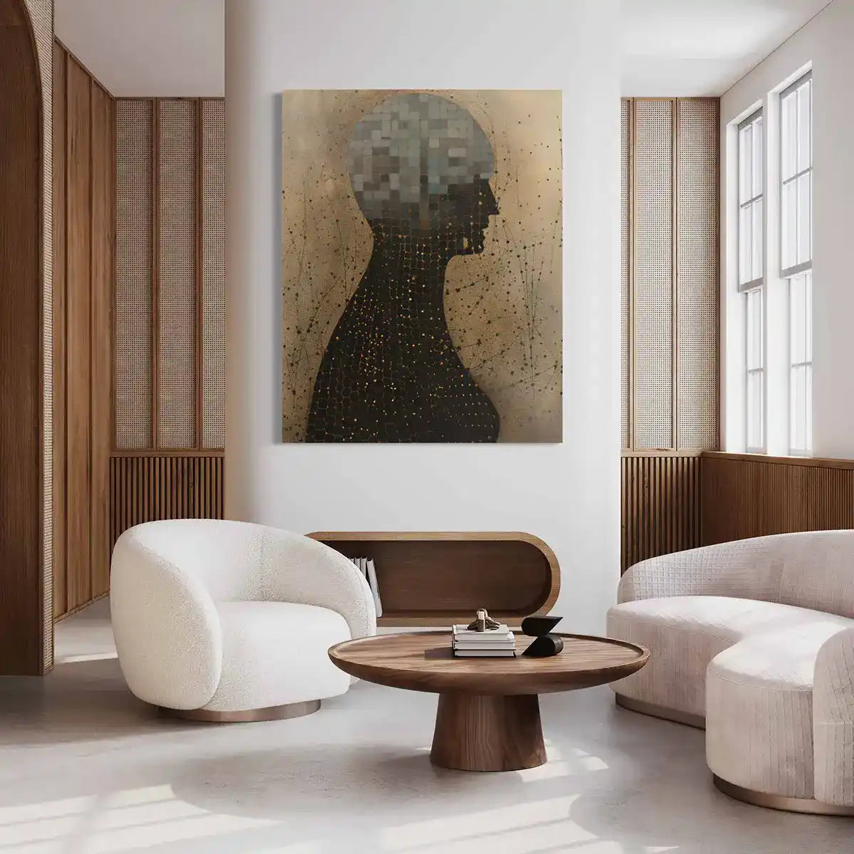 Another Form digital art print displayed as oversized wall art in a modern living room.
