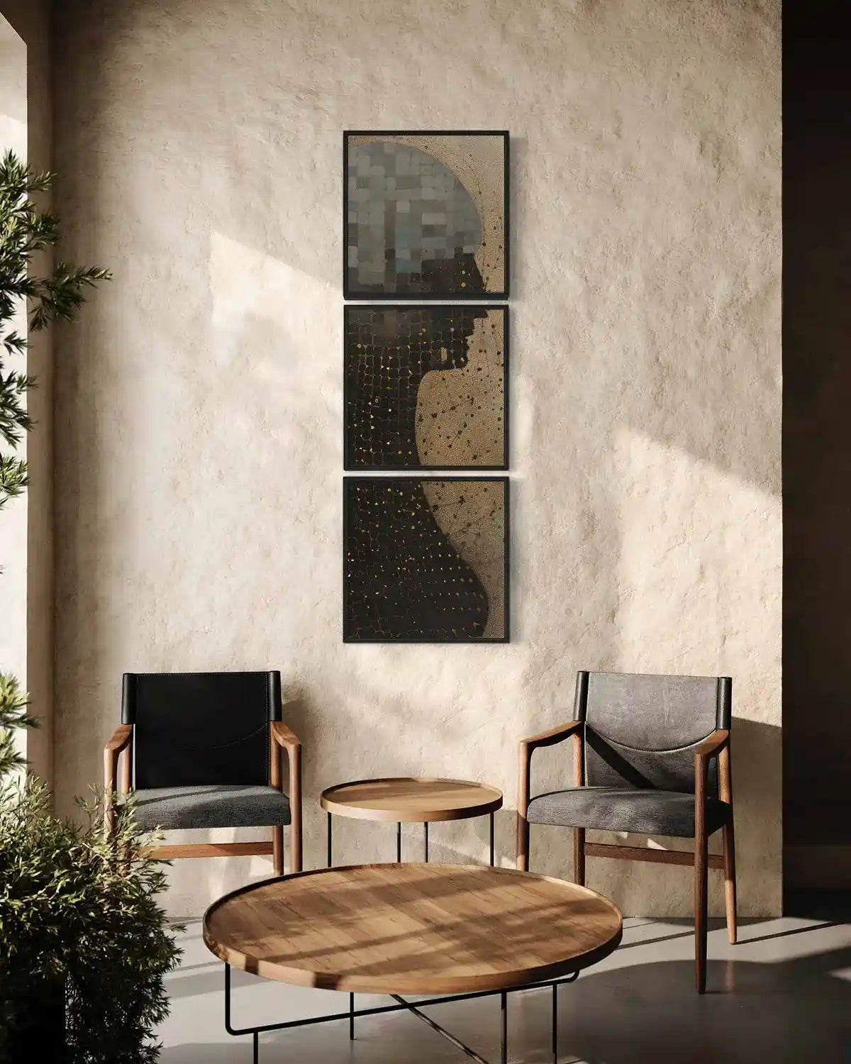 Another Form digital art print displayed as vertical triptych wall art in a modern living room.