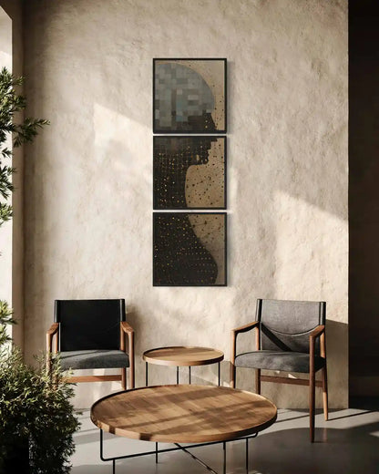 Another Form digital art print displayed as vertical triptych wall art in a modern living room.