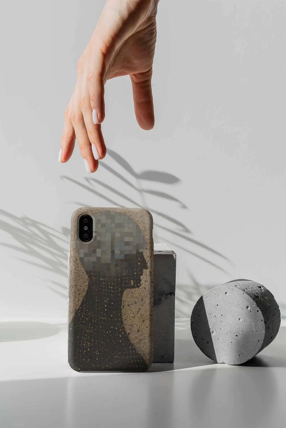 Another Form digital art print on a phone case being held by a woman.