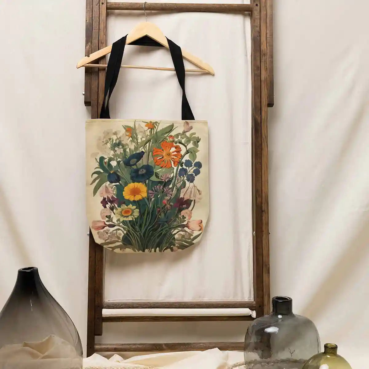 Botany Continuum digital art print on a sublimated tote bag hanging in a rustic setting.